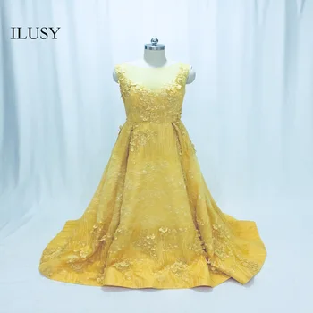 ILUSY Elegantiškas Geltonas Vakaro Suknelės Nėriniai Gėlės, Nekilnojamojo Nuotraukas Vakaro Suknelės rankovių Prom Pritaikyti chalatas De Soiree
