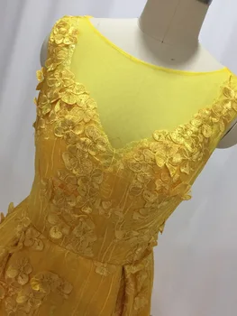 ILUSY Elegantiškas Geltonas Vakaro Suknelės Nėriniai Gėlės, Nekilnojamojo Nuotraukas Vakaro Suknelės rankovių Prom Pritaikyti chalatas De Soiree
