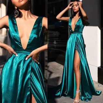 2021 Seksualus Hunter Green Satino Prom Dresses V-Kaklo Aukštos Ritininės Vakare Chalatai Backless Valymo Traukinio Rūbeliai De Soirée