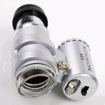 Sidabro Nešiojamų 45X 2 LED Kišenėje Mini Mikroskopą Didinamojo stiklo, Juvelyriniai Loupes Stiklo Objektyvas Naujas Prekės Sandėlyje Karšto