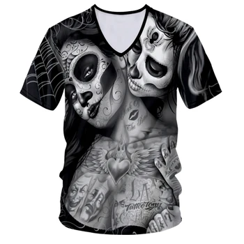 UJWI 3D V-kaklo marškinėliai Moteris Vyrų Kaukolės Klounas marškinėlius Spausdinti Pekino Operos Vasaros Viršūnes Atsitiktinis Tees Trumpas Rankovės Streetwear Helovinas