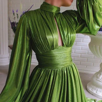 Žalia Ilgomis Rankovėmis Vakare Šalis Suknelė Seksualus Apynasrio Tuščiaviduriai Iš Ilgai Skraiste Moterų 2020 M. Rudenį Plisuotos Aukštos Padalinta Maxi Suknelės Femme
