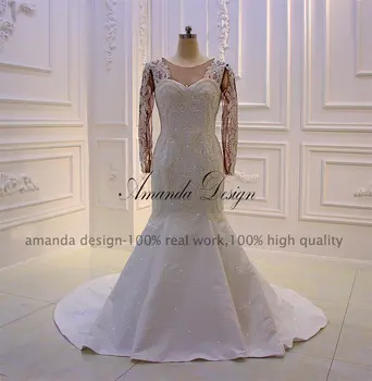 Amanda Dizaino Ilgomis Rankovėmis Nėrinių Aplikacijos Undinė Nuimamas Sijonas Afrikos Vestuvių Suknelė 2019