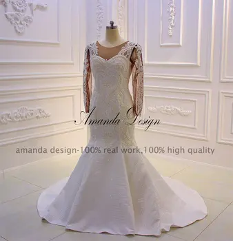 Amanda Dizaino Ilgomis Rankovėmis Nėrinių Aplikacijos Undinė Nuimamas Sijonas Afrikos Vestuvių Suknelė 2019