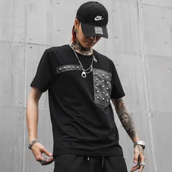 ABOORUN 2021 Vyrų Punk T Shirts, Kniedės, Plisuotos, T-Marškinėliai Hip-Hop Juodos spalvos trumpomis Rankovėmis Tees Vyrų