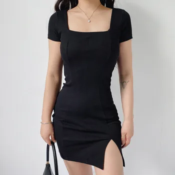 Korėjos Stiliaus Padalinta Pusėje Bodycon Mini Suknelė Moterims Ilgomis Rankovėmis Aikštėje Briaunoti Apykaklės Juodos Suknelės Elegantiškas Ponios Vintage Drabužių