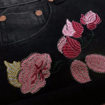 YiQuanYiMei Siuvinėjimo Džinsinio Šortai Moterims Vasaros Atsitiktinis Derliaus Gėlių Trumpas Jeans black Jean Šortai