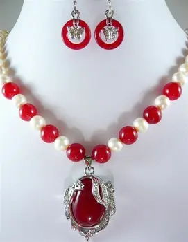 Kilniausių 8MM raudonas jade-balta 7-8MM perlų karoliai + auskarai nustatyti 18