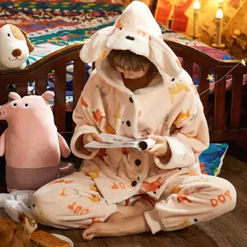 Moterų Pajama Komplektai Žiemą Šiltas Storas Koralų Vilnos Sleepwear Turn-žemyn Apykaklės Dviejų dalių Pižama Kostiumas Jaukus Laisvalaikio Namuose Loungewear