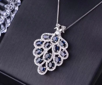 Natūralus mėlynas safyras perlas, romantiškas dvivietis Povas Pakabukas natūralus akmuo pakabukas karoliai S925 sidabro mergina šalies fine jewelry