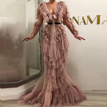 Šampanas Aso Ebi Pietų Afrikos Vakarinės Suknelės Undinė Ilgomis Rankovėmis Tiulio Pakopų Nigerija, Saudo Arabų Vakare Gown Prom Dress
