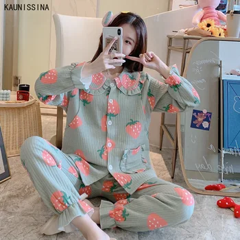 Miego Pajama Loungewear Moterys Ilgomis Rankovėmis Kišenėje Nightshirt Ilgas Kelnes Motinystės Slaugos Namuose Sleepwear Rudens Žiemos Pajama Rinkinys