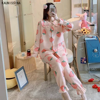 Miego Pajama Loungewear Moterys Ilgomis Rankovėmis Kišenėje Nightshirt Ilgas Kelnes Motinystės Slaugos Namuose Sleepwear Rudens Žiemos Pajama Rinkinys