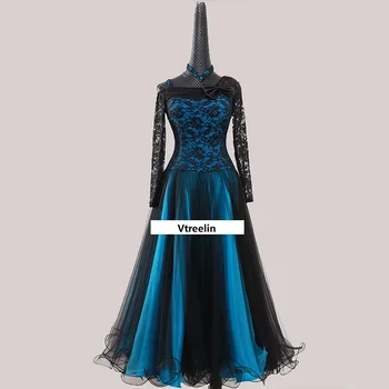Custom nėrinių standartinių šokių suknelė moterų šokių suknelės suaugusiųjų šokių konkurse suknelės juoda valsas suknelė pakraštyje dancewear