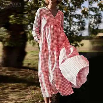 2021 m. Rudenį Elegantiškas V Kaklo Patikrinti Sundress ZANZEA Atsitiktinis Maxi Vestidos Moterys ilgomis Rankovėmis Pledas Ilga Suknelė Moterų Drabužius, Plius Dydis