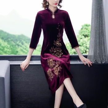 Aksomo suknelė 2020 m. rudens ir žiemos naujas mados pagerėjo cheongsam slim printed dress didelis dydis L-4XL aukštos kokybės ir elegantiškas