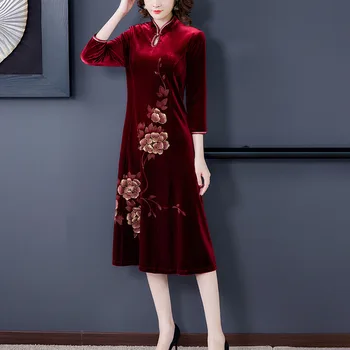 Aksomo suknelė 2020 m. rudens ir žiemos naujas mados pagerėjo cheongsam slim printed dress didelis dydis L-4XL aukštos kokybės ir elegantiškas