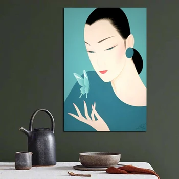 Japonų Dailininkas Vientisos Spalvos Frameless Namų Kambarį Apdaila Sienos Menas Drobė Plakatai Moteris Ir Drugelis Tapyba Nuotraukos