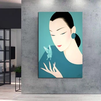 Japonų Dailininkas Vientisos Spalvos Frameless Namų Kambarį Apdaila Sienos Menas Drobė Plakatai Moteris Ir Drugelis Tapyba Nuotraukos
