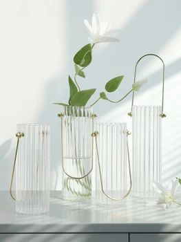 Nodic Kūrybos Metalo Nešiojamų Dryžuotas Skaidraus Stiklo Vaza Gėlių Kompozicijų Hydroponics Meno Gėlių Gaminiai Namo Apdailai