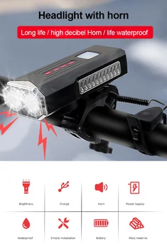 Dviračio Ragų Šviesos Dviračių Žibintai USB Įkrovimo Dviračio Šviesos Dviračių Rainproof LED Žibintų 120dB Elektros Ragų Bell Dviračių Priedai