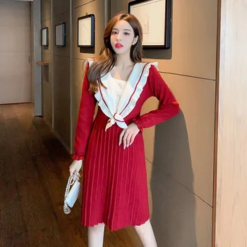 Vientisas Korėjos 2020 M. Rudens Žiemos Moterys Mezgimo Suknelė Prancūzijos Temperamentas Juosmens Buvo Plona Suknelė Ilgomis Rankovėmis Žiedlapis Rankovėmis Suknelė