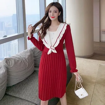 Vientisas Korėjos 2020 M. Rudens Žiemos Moterys Mezgimo Suknelė Prancūzijos Temperamentas Juosmens Buvo Plona Suknelė Ilgomis Rankovėmis Žiedlapis Rankovėmis Suknelė