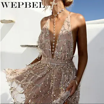 WEPBEL Vasaros Mados V-kaklo Apynasrio Rankovių Aukštos Juosmens Mini Suknelė Moterų Sexy Spageti Dirželis Blizgučiais Tassled Suknelė