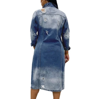 VIIANLES Blue Jackets Rudenį ilgomis Rankovėmis Moterų Džinsinis Paltas Skylę Kietas Atsitiktinis Plus Size Ilgi Džinsai Viršūnes Moterų viršutinių drabužių siuvimas