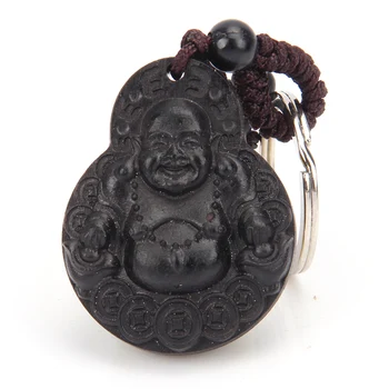 Elegantiškas Raktų Žiedas Pakabukas Medienos Gaminių Klasikinis Etninės Juodmedžio Papuošalai Besišypsantis Buda, Budizmo Palaima Keychains Vyras ir Moteris
