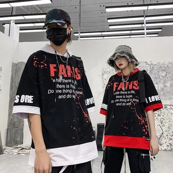 Spalvų Atitikimo Netikrą Dviejų dalių Gobtuvu marškinėliai vyriški Europos ir Amerikos Populiarios Markės Hip-hop Prarasti Grafiti Pusė Rankovėmis Hoodie