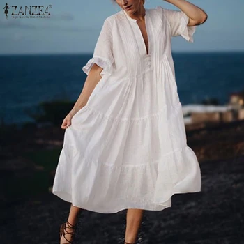 Elegantiškas Pynimas Suknelė Moterims ZANZEA 2021 Dviejų dalių Vasaros trumpomis Rankovėmis Midi Vestidos Atsitiktinis, Kietas V-kaklo Sundress Negabaritinių 5XL