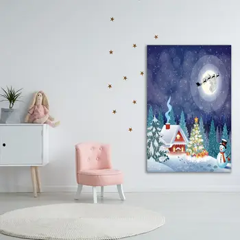 Gobelenas Kalėdų Medžio Sniego Namas Miško Naktį Kraštovaizdžio pilnatis Santa Claus skrendant Pasivažinėjimas Mėlyna Raudona Žalia Balta
