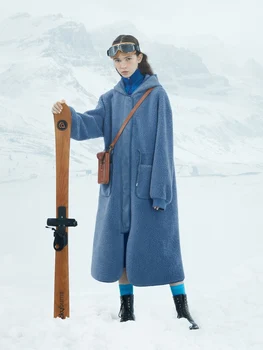 IRINACH318 Rudenį, Žiemą 2020 Rinkti Originalaus Dizaino Dulkių Mėlyna Atsitiktinis Palaidų Gobtuvu ėriukų vilna Paltai Moterims