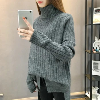 Džemperis moterims rudens žiemos prarasti didelio dydžio atsitiktinis megztinis ilgomis rankovėmis apvalios kaklo Trikotažas moterims trumpas megztinis