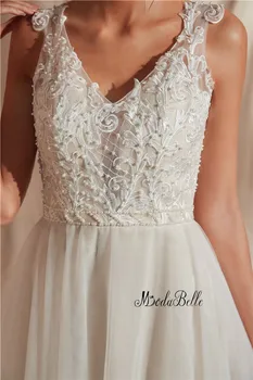 Modabelle Balto Dramblio kaulo Perlai Vestuvių Suknelė Linijos Trouw Jurken V-kaklo, Tiulio, Nėrinių Vestuvių Suknelės Vestido De Noiva 2019