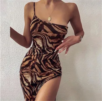 Moterys Slim ilga suknelė tigras spausdinti suknelė Hign Slipt Seksualus Klubo Vasaros Suknelė be Rankovių Vieną Dirželis Suknelė Unikali Suknelė 2020 Naujas