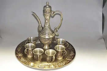 Kinų senovės paauksuotas sidabras arbatinukas ir puodelis ir dėklas.