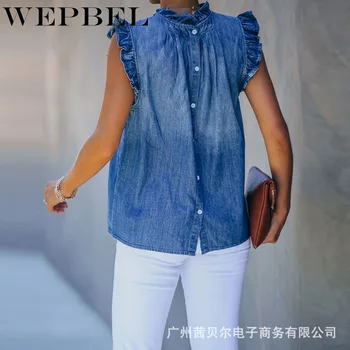 WEPBEL Moterų Elegantiškas Ruffles Džinsinio Marškinėliai Viršuje Atsitiktinis Rankovių Stovėti Apykaklės, Mygtuką Atgal Ruched T-shirt