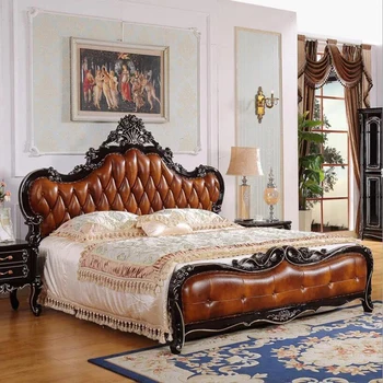 šiuolaikinės europos, medžio masyvo lova Mados Raižyti odos prancūzijos miegamojo baldai xhc004