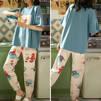 Pižama Moterų Medvilnės Tracksuit Vasaros Spausdinti Tee+Kelnės Saldus Sleepwear Gražių Animacinių Filmų Šviežių Korėjos Pyjama Laisvi Namų Drabužių S920