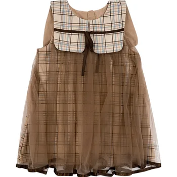 Rudenį merginos suknelė vaikų drabužių kasdien atsitiktinis sijonas, 3~8 metų senumo galite dėvėti naujų mergaičių chaki pledas berankovis suknelė mergaitėms