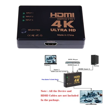 HDMI Jungiklis, 3 Port 4K*2K Switcher Splitter Išrinkimo Lange Ultra HD DVD HDTV Xbox PS3, PS4