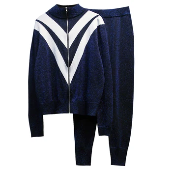 2021 m. pavasarį naujas moterų kostiumas mados ryškios šilko ilgomis rankovėmis megzti megztinis megztinis ir atsitiktinis megzti kelnes 2-piece set