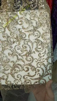 Aukso blizgučiai afrikos nėrinių audinio Naujas dizainas prancūzijos tiulio, nėrinių audinys su blizgančiais Vestuvių suknelė