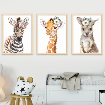 Tigras Zebra Žirafa Kengūros Raganosio Gėlių Sienos Meno Tapybos Drobės Šiaurės Plakatai Ir Spausdina Sienos Nuotraukos, Vaikų Kambario Dekoro