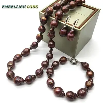 Rudi kavos spalvos karoliai, apyrankės kablys auskarai normalaus dydžio baroko perlas nustatyti nucleated flameball formos Gėlavandeniai Specialiųjų