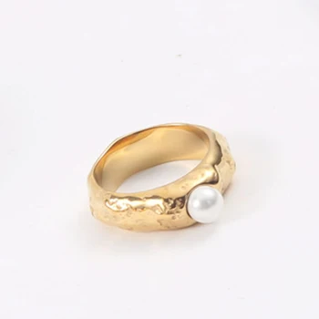 Nereguliarus nuobodu lenkijos kalti bold masyviu aukso žiedu moterų nerūdijančio plieno derliaus pearl prancūzų stiliaus elegantiškas mados žiedas