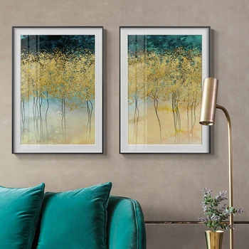 Aukso Medis Žalia Augalų Dažymo Šiaurės Stiliaus Plakatą ir Spausdinimo Sienos Menas Drobė Nuotrauką Kambarį Eilėje Abstrakčiai Namų Dekoro