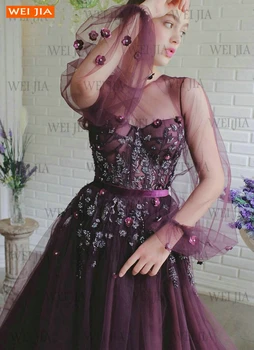 Eightale Arabų Prom Dresses 2021 Violetinė Vestidos De Fiesta O-Kaklo Appliques Tiulis Diržas-Line Ilgomis Rankovėmis Oficialų Šalis Suknelė